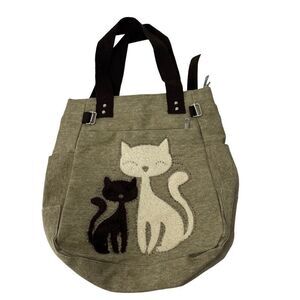 Khaki Cute Cat Totes Women Canvas Handbags